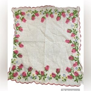 RARE VINTAGE white handkerchief floral pink roses and green vine EUC dainty